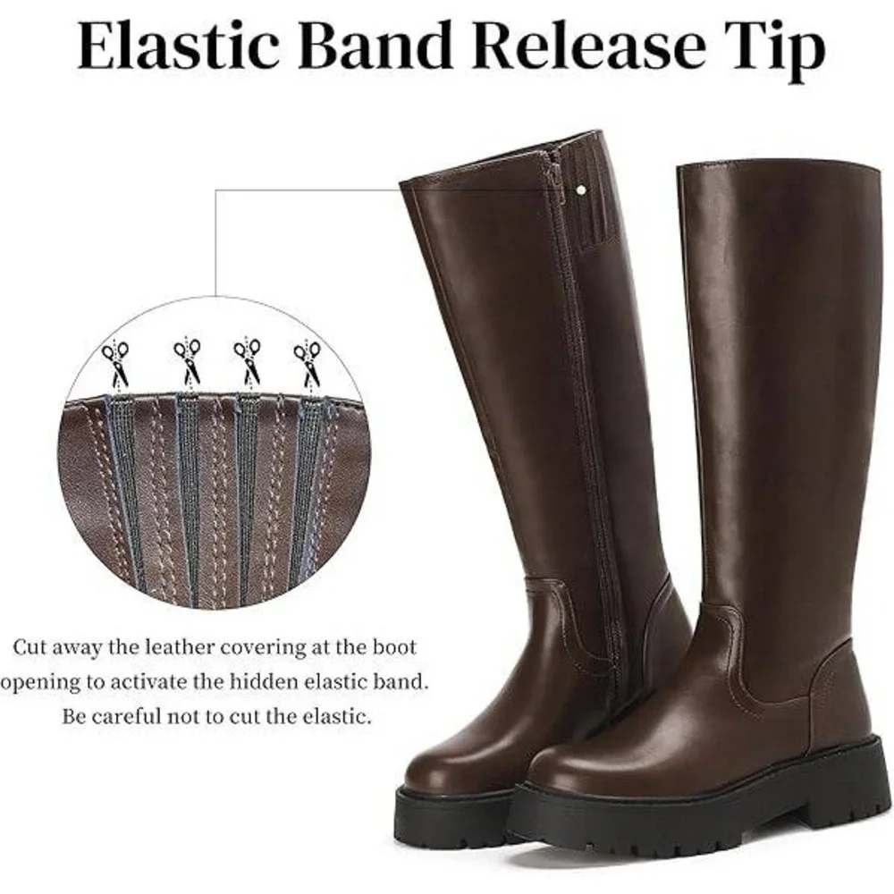 Women's US 7.5 - 8 Brown Platform Knee High Boots PU Leather Zip Tall Lug Sole